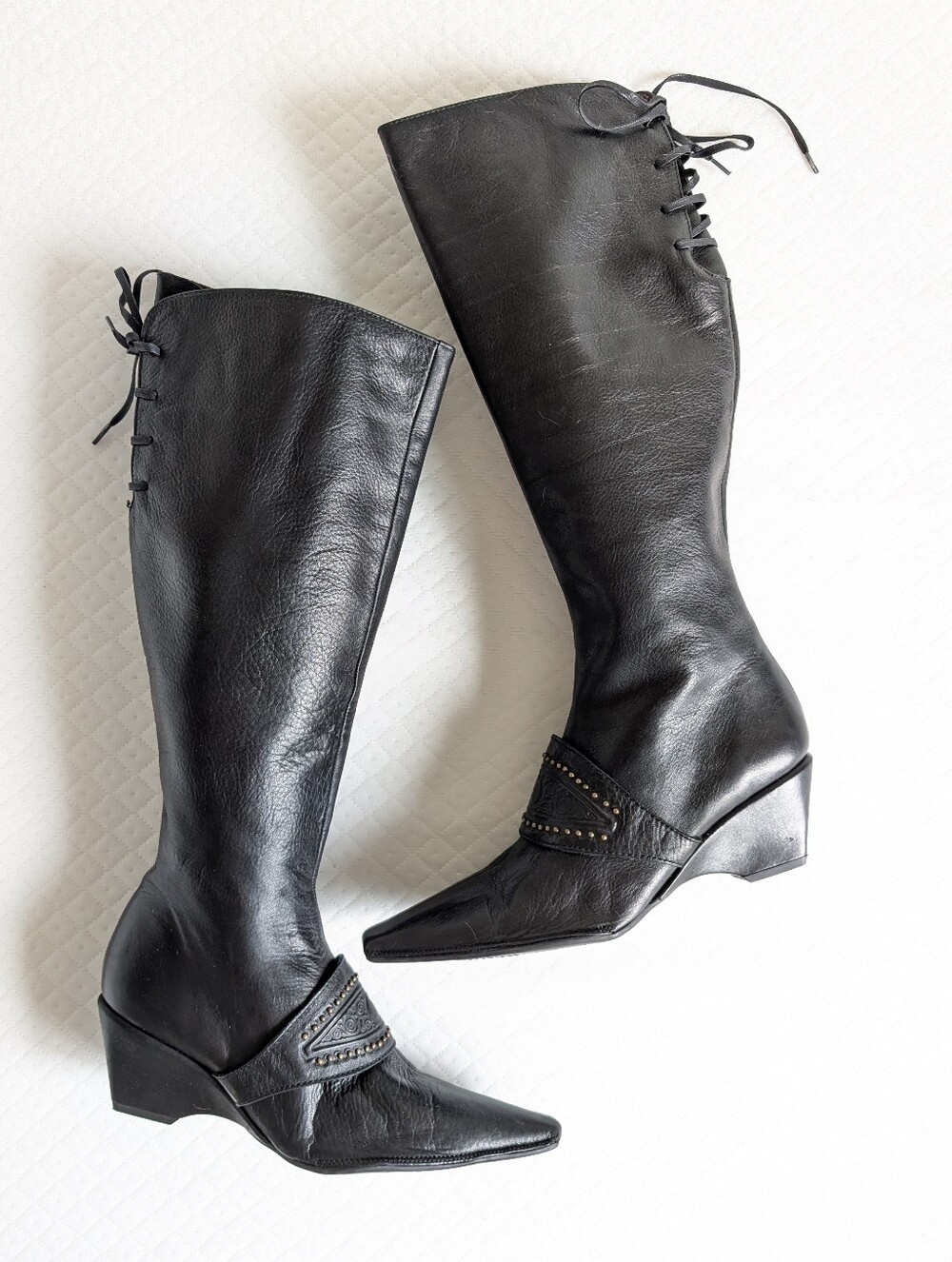 Hispanitas Black Leather Knee-High Heeled Wedge boots Lace up buckle, size 38